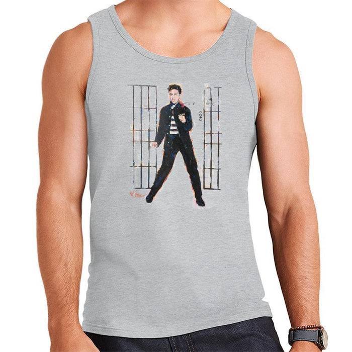 Sidney Maurer Original Portrait Of Elvis Presley Dark Jailhouse Rock Mens Vest - Heather Grey / Small - Mens Vest