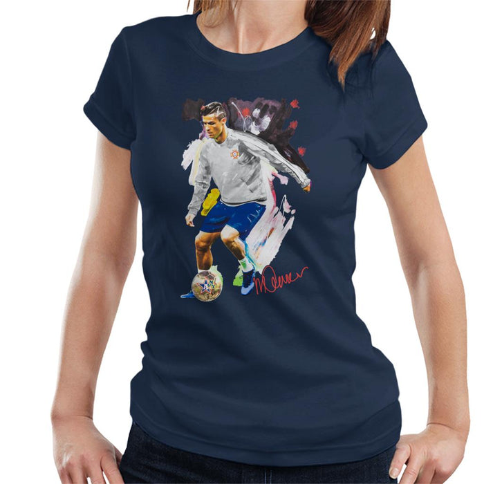 Sidney Maurer Original Portrait Of Cristiano Ronaldo Dribbling A Football Women's T-Shirt